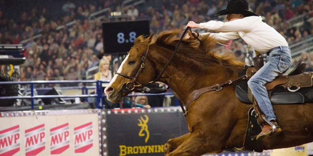 Michael Duffie and Reclaim Fame run at RFD-TV's The American in AT&T Stadium in Arlington, Texas, on March 2, 2019. Barrel Horse News photo by Kailey Sullins.